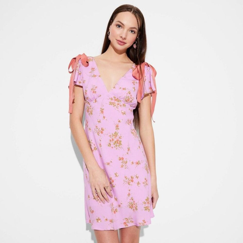 wild fable Pink Floral Strapless Dress with Coral Tie Straps